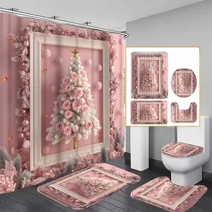 1/3/4PCS Rose Christmas Tree Shower Curtain Set, 71x71 Inches, Includes Background Pattern, Comes with 12 Hooks, 1/3/4pcs Options