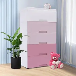 5 Tier Plastic Drawers Dresser Storage Tower with 5 Drawers,Stackable Storage Organizer Cabinet Vertical Storage Tall Small Closet for Storing Clothes,Towels,Toys (Gradient Pink)