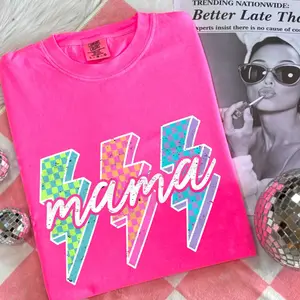 Comfort Colors Lightning Checkered Mama Tee, Neon Rock Mom Design, Bright Lightning Bolt Top, Cool Motherhood Gift for Her, Trendy Mama Style