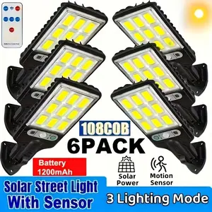 6pcs 20W Outdoor Solar 108COB Sensor Street Lamp, Garden Light With Remote Control, Wall Light, IP44 Waterproof 3 Modes Security Light For Garden Patio Path Exterior Wall Porch Garage