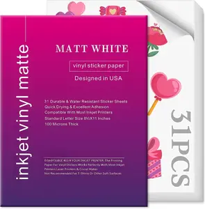 Printable Vinyl Sticker Paper for Inkjet Printer, 31 count 8.5"x11" Matte White  Uncurled Printable Vinyl Dries Quickly  Colors, Holds Ink Well, Removable &-Resistant(Thick-31 PCS)