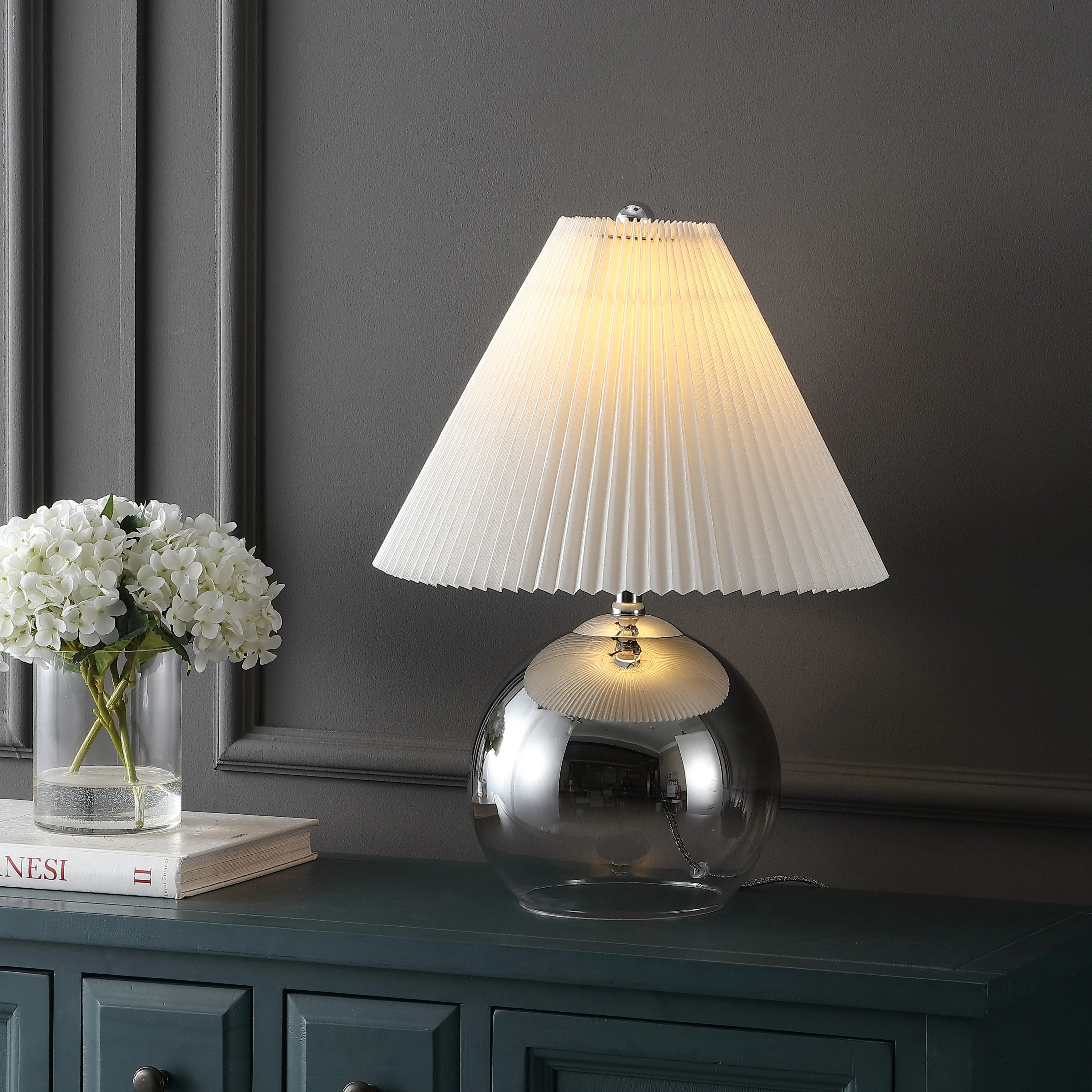 JONATHAN Y Louisa Mid-Century Modern Round Glass/Iron Pleated Shade LED Table Lamp , for bedroom, living room, foyer, hallways, dining room, dorms