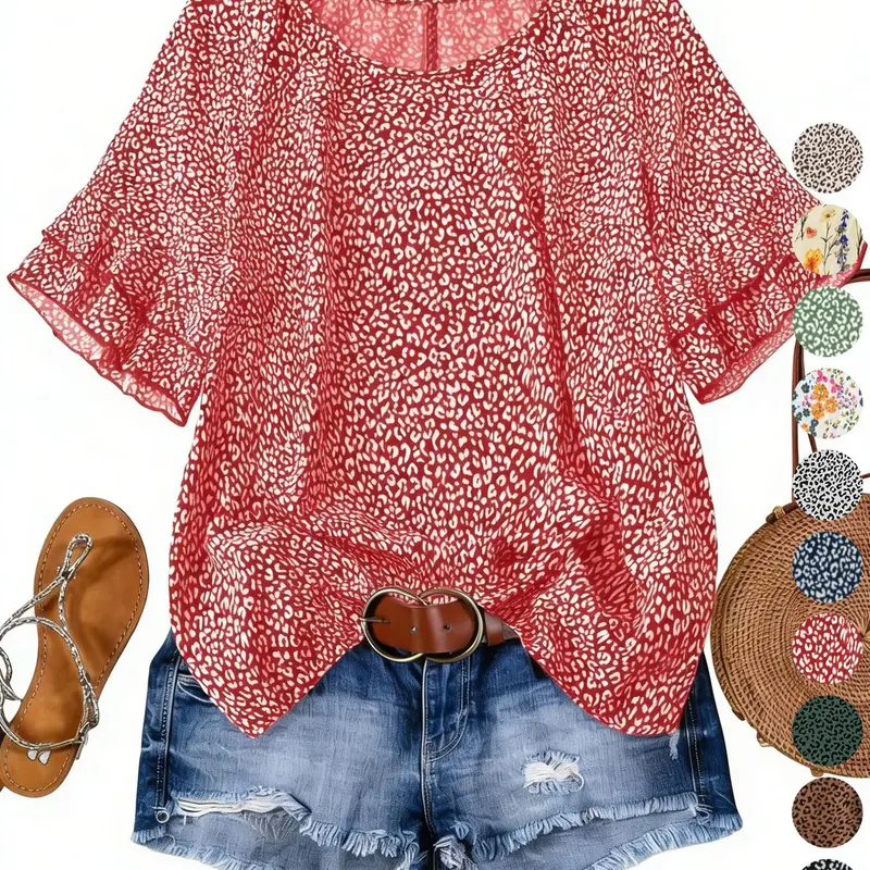 Plus Size Women's Floral Round Neck Shirt Blouse Tops, Summer Comfortable Casual Floral Print Fitted Wear, Ideal for Daily Commute, Dates, Vacation, All Seasons, Womenswear