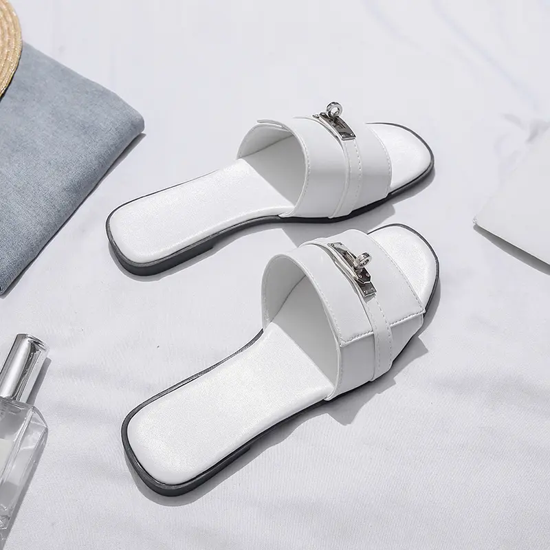 Women's 2026 Summer Korean-Style Flat Slide Sandals with Small Silver Buckle - French-Inspired Semi-Slippers for Outdoor Wear