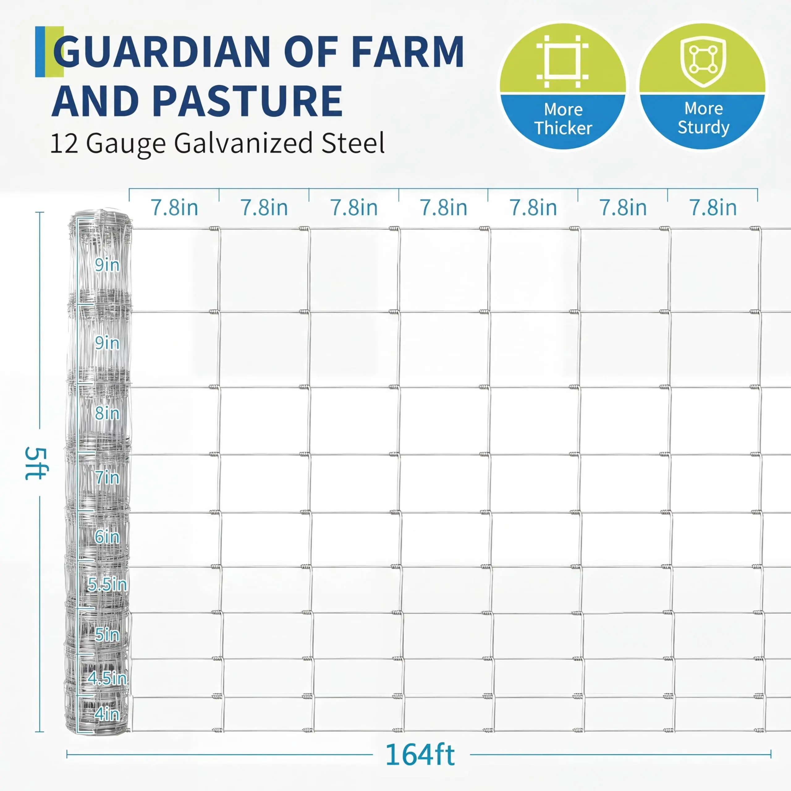 Garvee Heavy-Duty Galvanized Woven Wire Livestock Fence Roll, 12 Gauge Hinge Knot Field Fencing - 5 ft Height - For Chicken Coop Run, Cattle, Goat, Sheep & Hog - 164 ft/328 ft Length Options