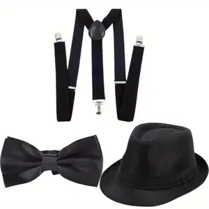 1920s Mens Accessories, Manhattan Hat,Gangster Hat Costume Accessory,Y-Back Suspenders & Pre Tied Bow Tie,Men's Roaring 20s Set vampire Menswear Clothes