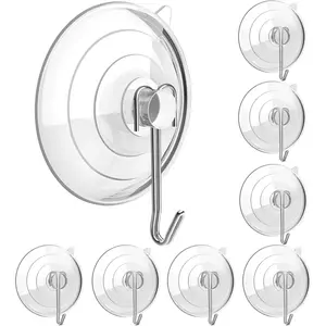 Suction Cup Hooks, Upgrade 2.5 Inches Clear PVC Suction Cups with Metal Hooks 7 LB Heavy Duty Removable Large Suction Cups for Kitchen Bathroom Shower Wall Window Glass Door 8 Pack