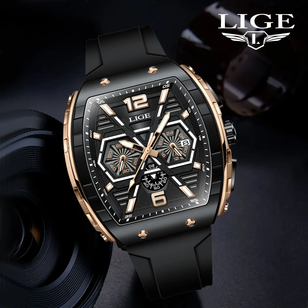 LIGE Men's Modern Waterproof Quartz Watch with Durable Silicone Strap, Tonneau-Shaped Luminous Dial, Durable Watch, Modern Waterproof Watch