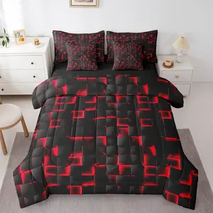 Boys Red and Black Comforter Set with Sheets,7 Piece Geometric Checkered Kids Bedding Sets,Teen Men Gaming Abstract Ombre Plaid Bed in A Bag