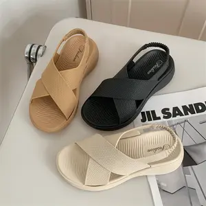 Khaki Cross-Strap Platform Sandals, Elastic Back Strap Casual Slides, Comfortable Flat Outdoor Women’s Shoes
