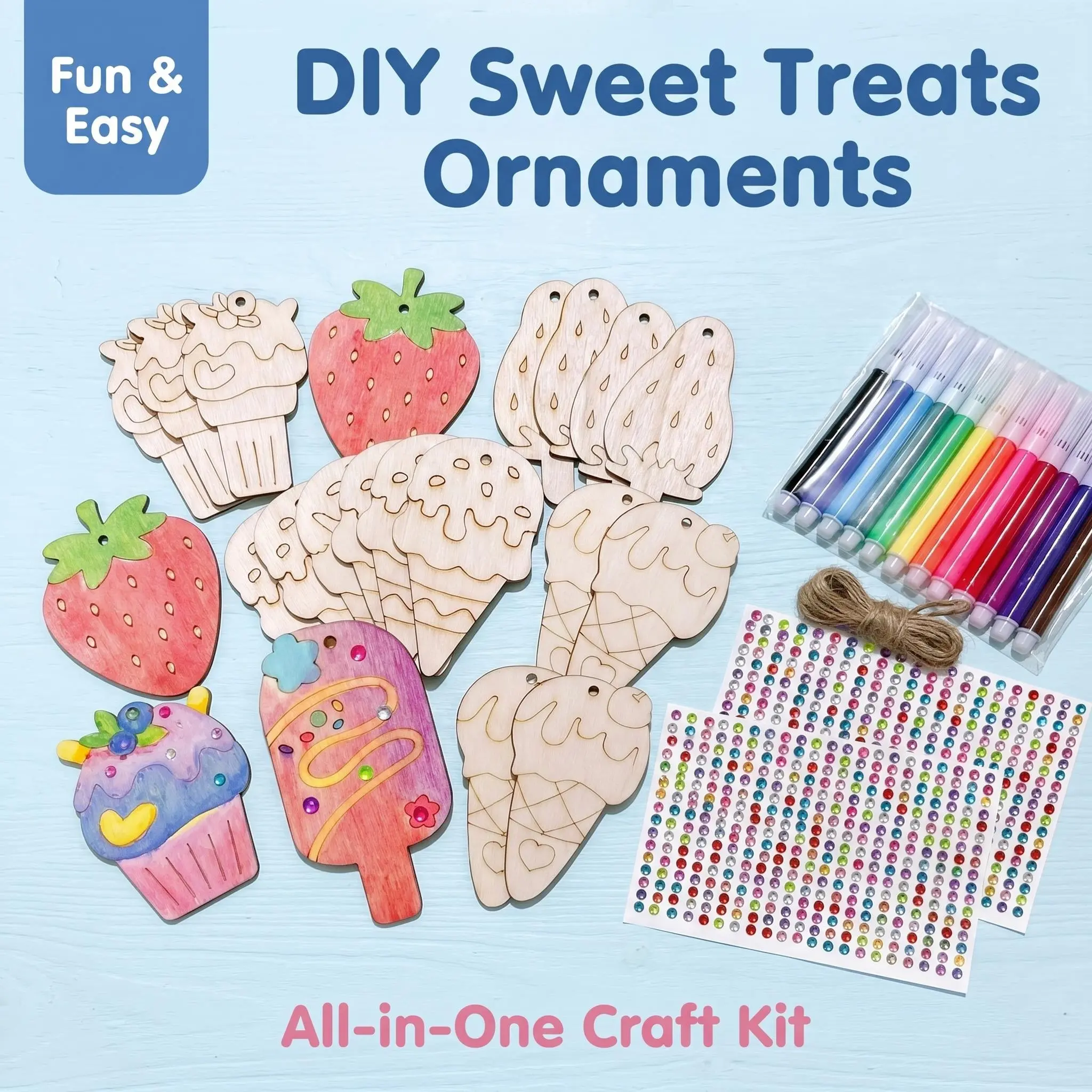 24Pcs Fun & Easy Sweet Treats Ice Cream Wood Painting Kit - 8 Styles Unfinished Wooden Cutouts Ornaments, 12 Color Markers, Rhinestone Stickers, Hemp Rope for Kids Birthday Party Favors Home Hanging Decorations