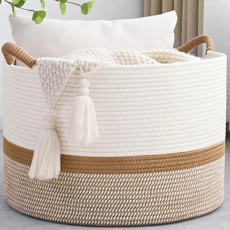 Handmade Chemical-Free Cotton Rope Laundry Hamper - Cloth Basket, Large Size 20"x13", Machine Washable, Foldable, Soft, Round with Handles, Laundry Storage for Room Decor, Pillows
