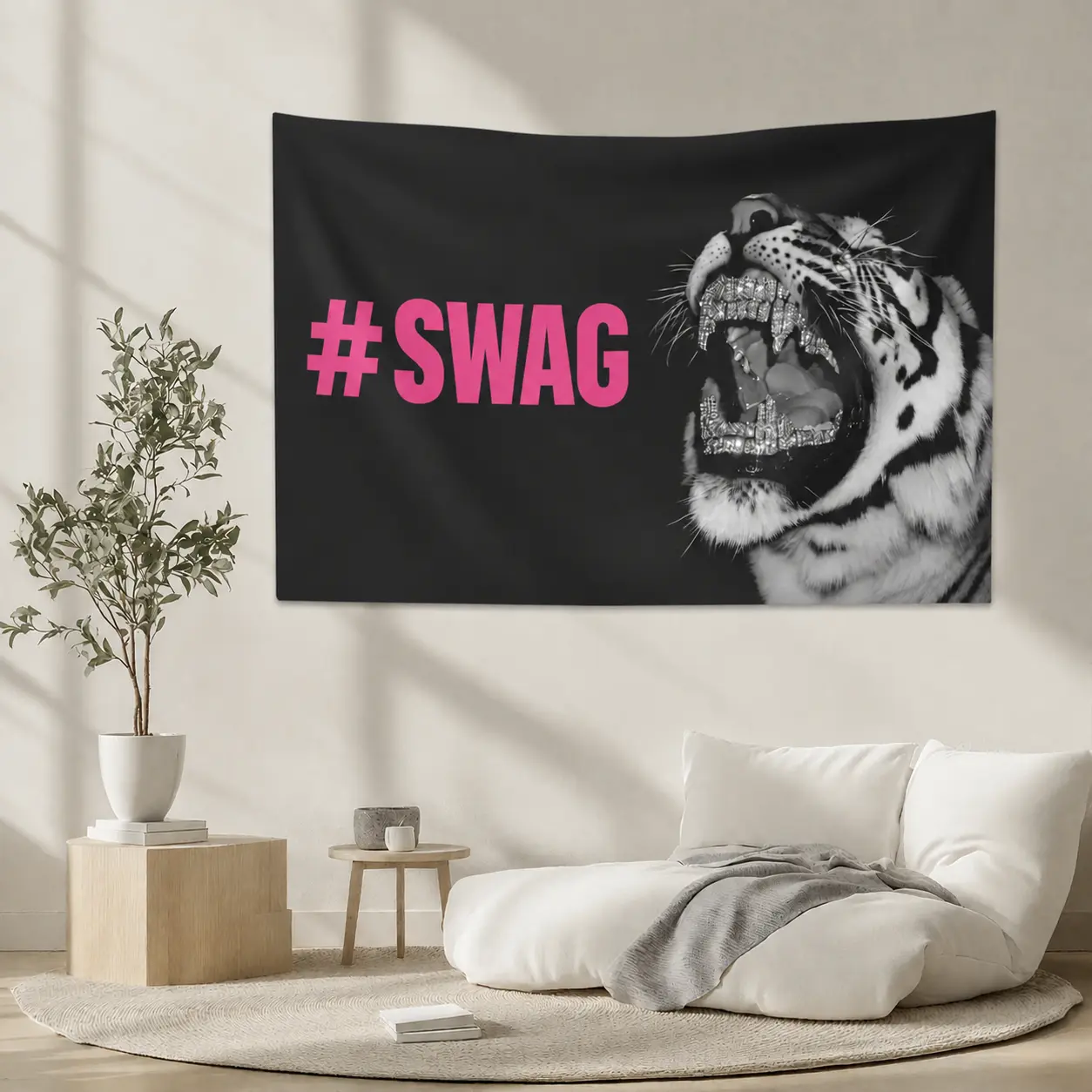 #SWAG Tiger Tapestry, Black and Pink Hip Hop Wall Hanging, Diamond Teeth Tiger Wall Decor, Cool Street Art Tapestry for Bedroom Dorm Living Room