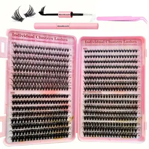 Mixed Length Individual Cluster Lashes with 2 in 1 Glue & Tweezers, 1 Set Curling Strip Lashes, Natural Curl Fluffy Volume False Eyelashes for Women Eye Makeup