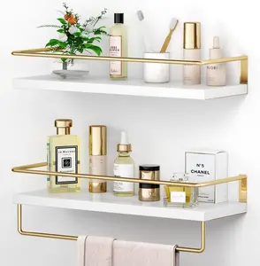 White Floating Shelves with Golden Towel Rack - Set of 2 Wall Mounted Hanging Bathroom Shelves, Decorative Shelves for Stylish Storage in Bathroom, Kitchen, Living Room & Bedroom