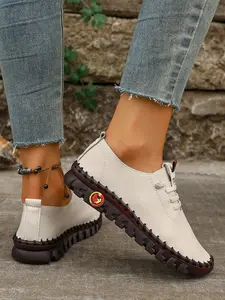 Women's Retro Lace-Up Round Toe Flat Sneakers, Soft Rubber Sole, Casual PU Leather, All-Season Comfort, Perfect for Daily Wear