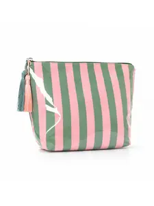 Pink and green striped glossy cosmetic bag with tassel zipper, waterproof large-capacity cosmetic bag, women's portable travel toiletries storage bag Travel Beauty Bag Travel Makeup Pouch Cosmetic Pouch