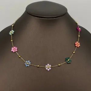 18K Gold Plated Beaded Daisy Necklace with Multicolor Glass Beads, Waterproof, Tarnish Proof, Hypoallergenic, Trendy Design choker metal coating woman jewelry atolea girly  accessories