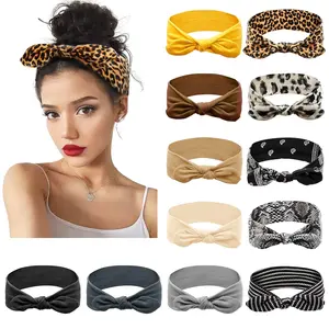 12 Pack Bow Headbands for Women Elastic Headwraps Hair Band Knotted Headband Rabbit Ears Turban Fashion Sport Cute Hair Accessories in Leopard Print & Solid Colors