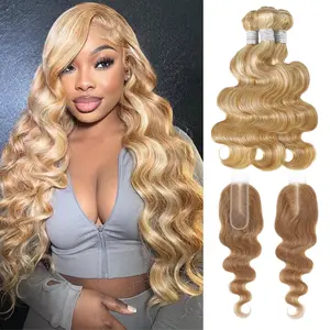 ALHER #F27/613 Blonde Highlight Bundles with 2x6 Closure Human Hair Body Wave 613 Highlight Bundles and #27 Honey Blonde 2x6 HD Lace Closure Ombre Honey Blonde Highlight 3 Bundle with #27 Color 4x4 Closure