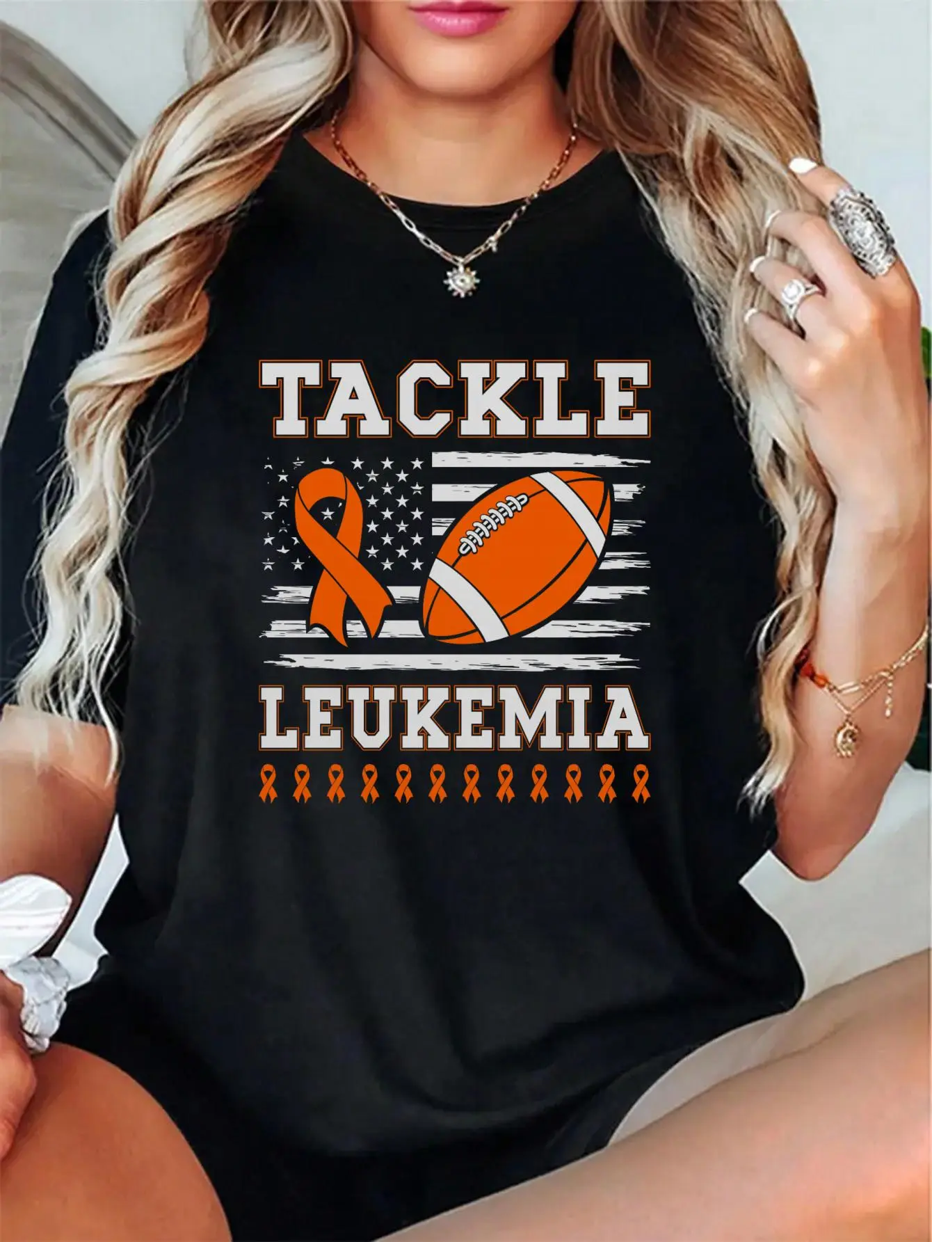 Women's Tackle Leukemia Digital High-Res Print T-Shirt - Lady's Streetwear, 100% Cotton Short-Sleeve Round Neck Top, Relaxed Fit, Breathable, Soft, Comfy, Casual All-Seasons Everyday Top