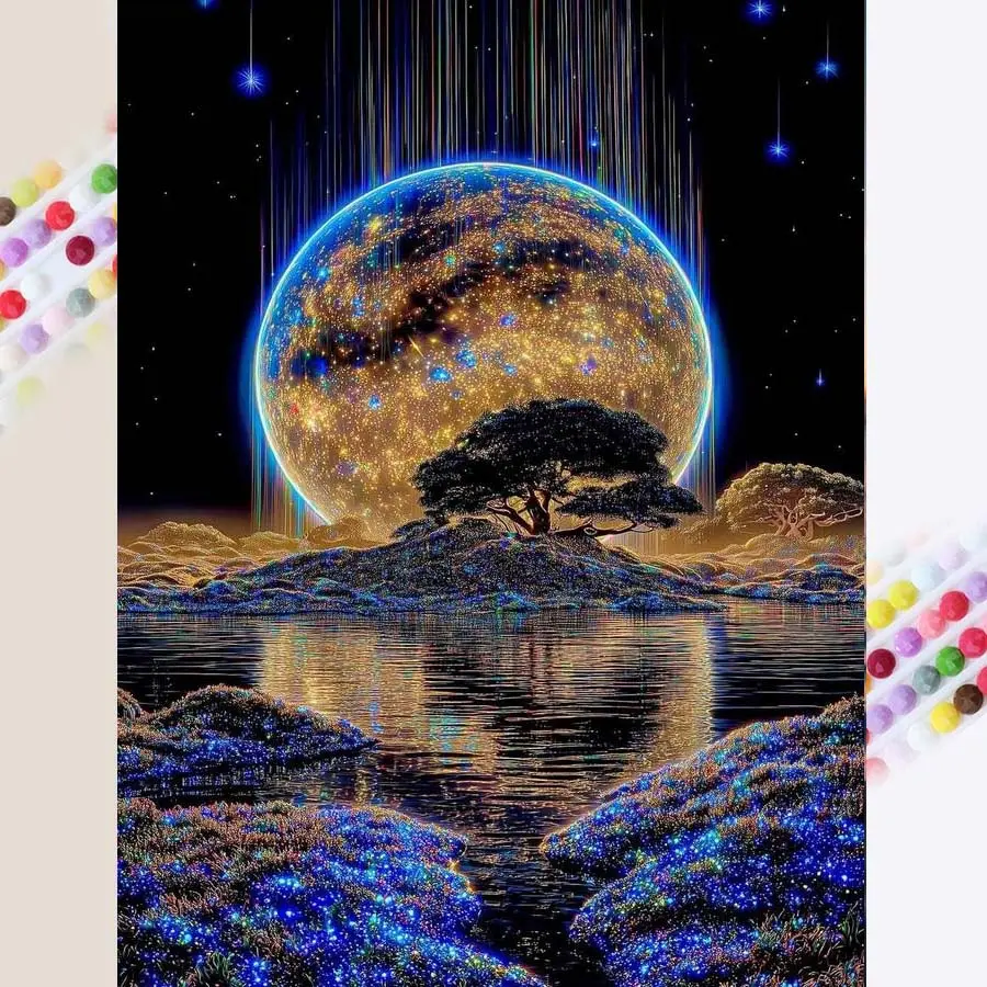 1 set of DIY diamond painting kit, 5D diamond art set, DIY decoration full moon, tree, reflection. Mosaic, diamond art, DIY art home decor, Handicraft
