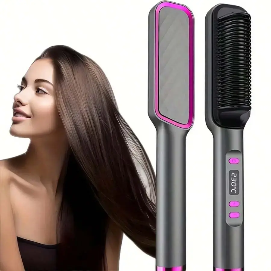 2-in-1 Hair Straightener Brush & Curler with LCD Display, Heated Ceramic Hot Comb, Fast Heating Anti-Frizz Hair Straightening Comb, Multi-Functional Electric Styling Brush, Ideal Gift, TikTokMadeMeBuyIt