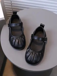 Girls' Trendy Korean Style Soft Leather Adjustable Round Toe Flats, Magic Tape Closure, Wrinkled Shoe Face, Daily Wear Party, Versatile Design