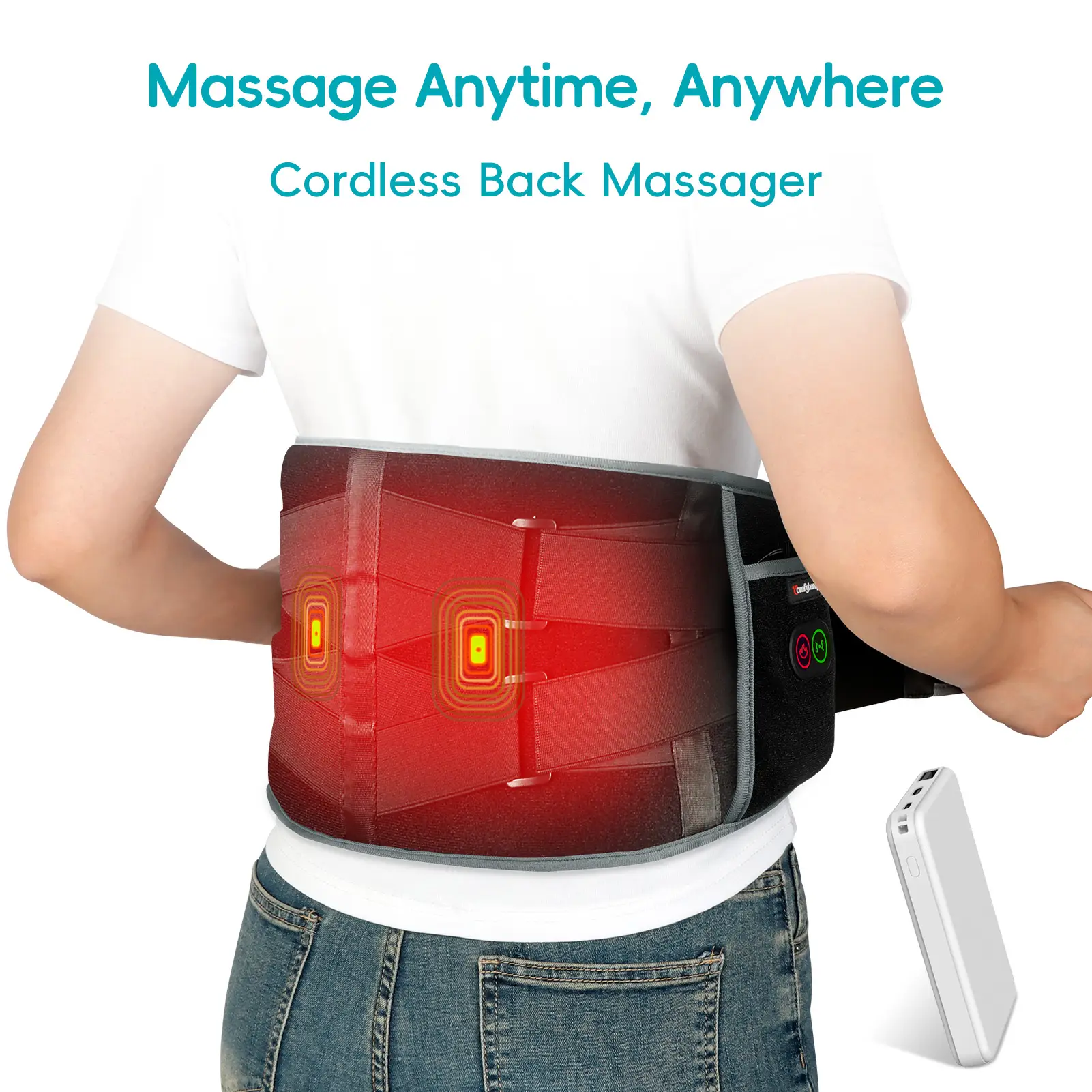 Cordless Back Massager with 3 Heating Levels & 3 Vibration Levels - Up to 58'' Waist Heating Pad for Deep Back Relief - Portable & Adjustable Elastic