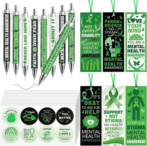 90 count Mental  Awareness Set Include Mental  Awareness Pens Bookmarks Green Ribbon Stickers for Event Charity Fundraiser Favors Items Supplies Accessories