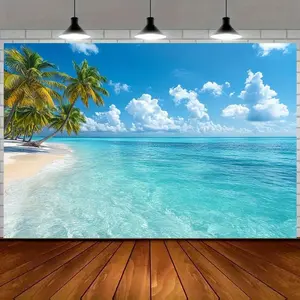 [Tropical Beach Backdrop] 1pc Polyester Tropical Beach Backdrop with Palm Trees & Clear Blue Ocean - Soft Sand, Bright Sky for Stunning Photography, Parties, Events, and Outdoor Celebrations -