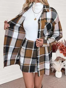 Retro plaid suit, loose fitting long sleeve jacket to cover flesh, half skirt to show leg length, suitable for layering, suitable for niche styles, teacher's clothing, streetwear, royal style, Casual, Thanksgiving, Halloween, autumn and winter seasons.