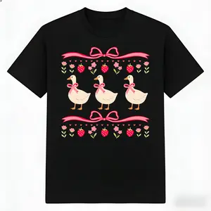 Cute Duck Design Women's T-Shirt With Strawberry And Flower Pattern Spring Summer Casual Wear Perfect Gift For Her Friends Or Family,t shirts for men,white tee,funny t shirt,graphic t shirts,men's t shirts,good graphic tees,funny graphic tee,trendy