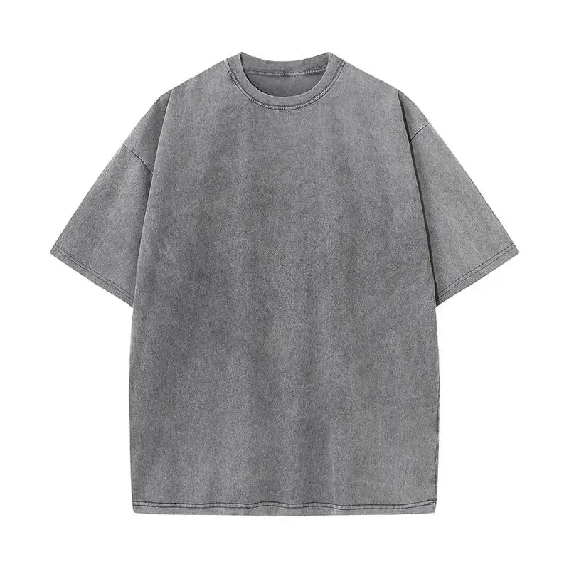 Vintage Acid Washed Oversized Drop Shoulder Heavyweight Streetwear Blank T-Shirt Casual Cotton Pepper Gray Tee for Men