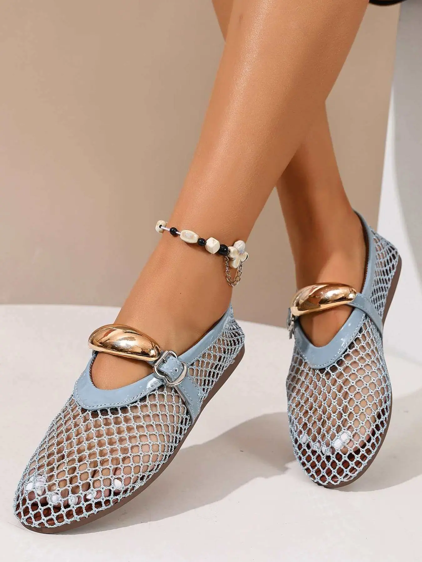 Women's Shoes Summer Round Toe Lightweight Flats, Casual Trendy Flat, Hollow-Out Design, Comfortable Metal Buckle Strap, Casual Daily Wear Footwear