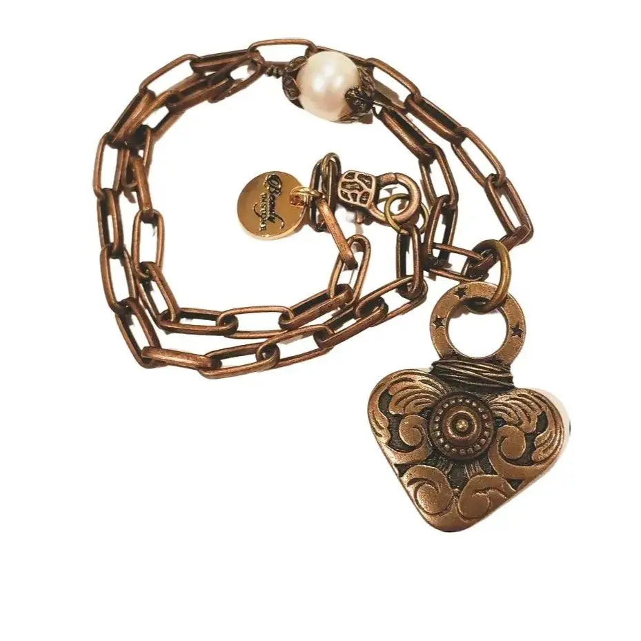 Vintage Heart Necklace for Women, Oxidized Bronze Double-Sided Pendant with Pearl Accent, Adjustable Chain & Link in 2 Lengths (17" or 22") for Casual Wear, Two Lengths