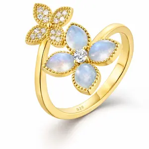 Opalina Duet Ring 18K Gold Plated with Hand-Cut Lab-Created Moonstone & Pave CZ Dual Venetian Clover Design Open Wrap Adjustable Fit Sizes 6.5 7.5 8.5