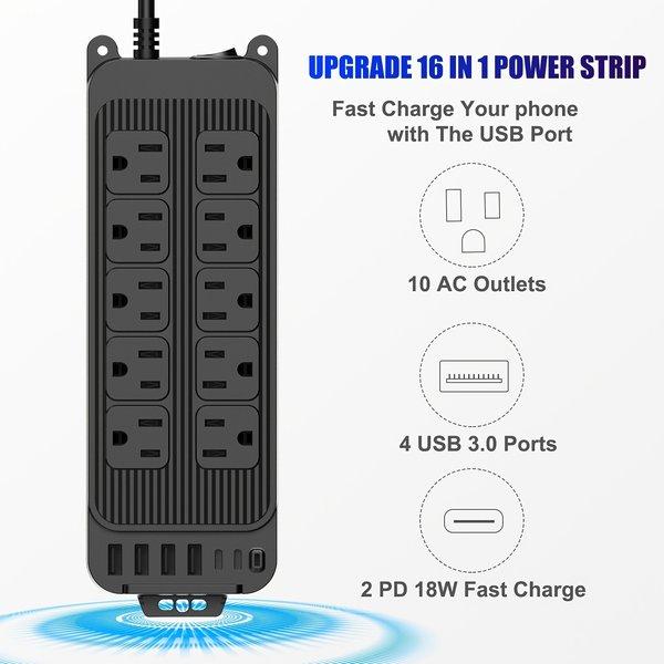 Surge Protector Power Strip with 10 Outlets & 6 USB Ports – USB C Charging Station, Flat Extension Cord 4ft, Compact for Home Office Travel Dorm Surge Protector Power Strip with 10 Outlets & 6 USB Ports – USB C Charging Station, Flat Extension Cord 4ft, Compact for Home Office Travel Dorm