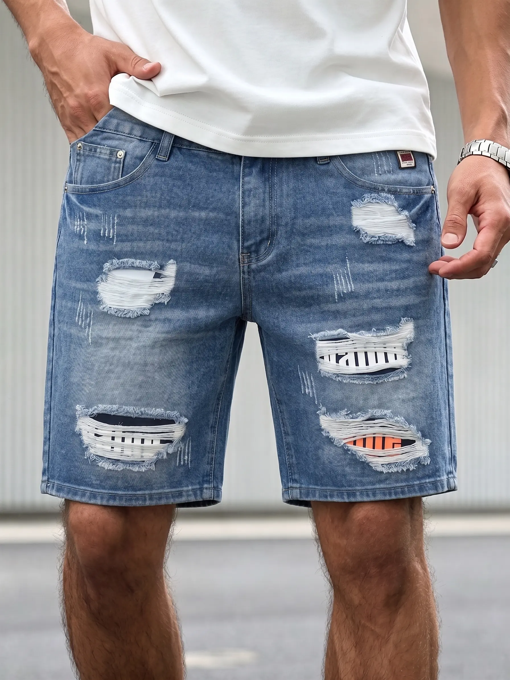 Men's Non-Stretch Ripped Patchwork Retro Straight Denim Shorts - Red Black Plaid Patches, Pockets, Embroidered Flannel Accents, Grunge Punk Rock Streetwear, Breathable Cotton-Polyester, Spring Summer Vintage Outfit, Chunky, Soft, Oversized Menswear