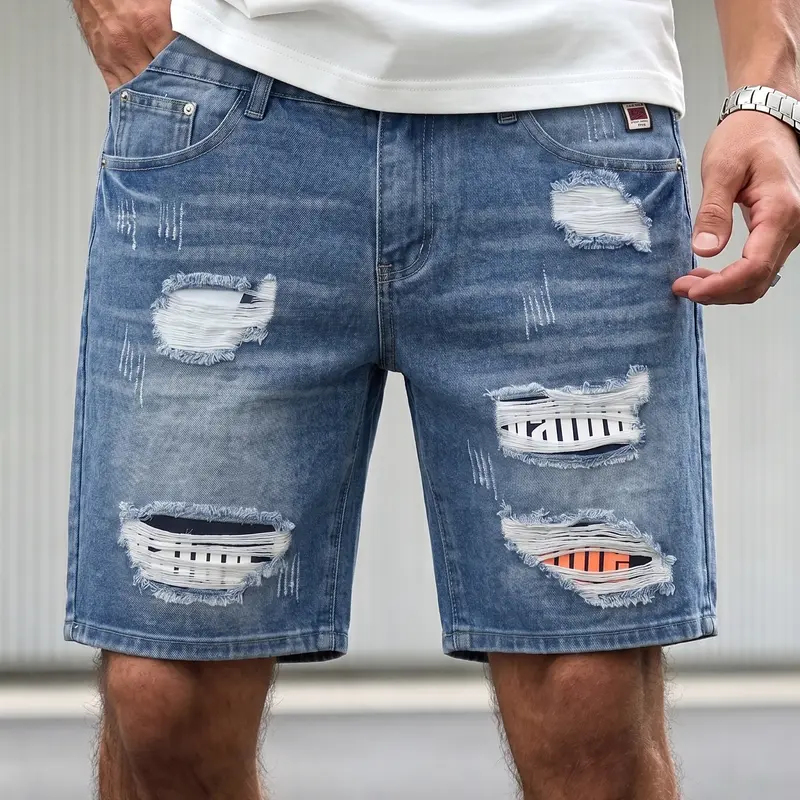 Men's Non-Stretch Straight Retro Ripped Denim Jean Shorts - 64.7% Cotton, 35.3% Polyester, Red Black Plaid Patchwork, Embroidered Flannel Accents, Pockets, Shredded Textures, Chunky Soft Oversized, Grunge Punk Outfits for Spring Summer
