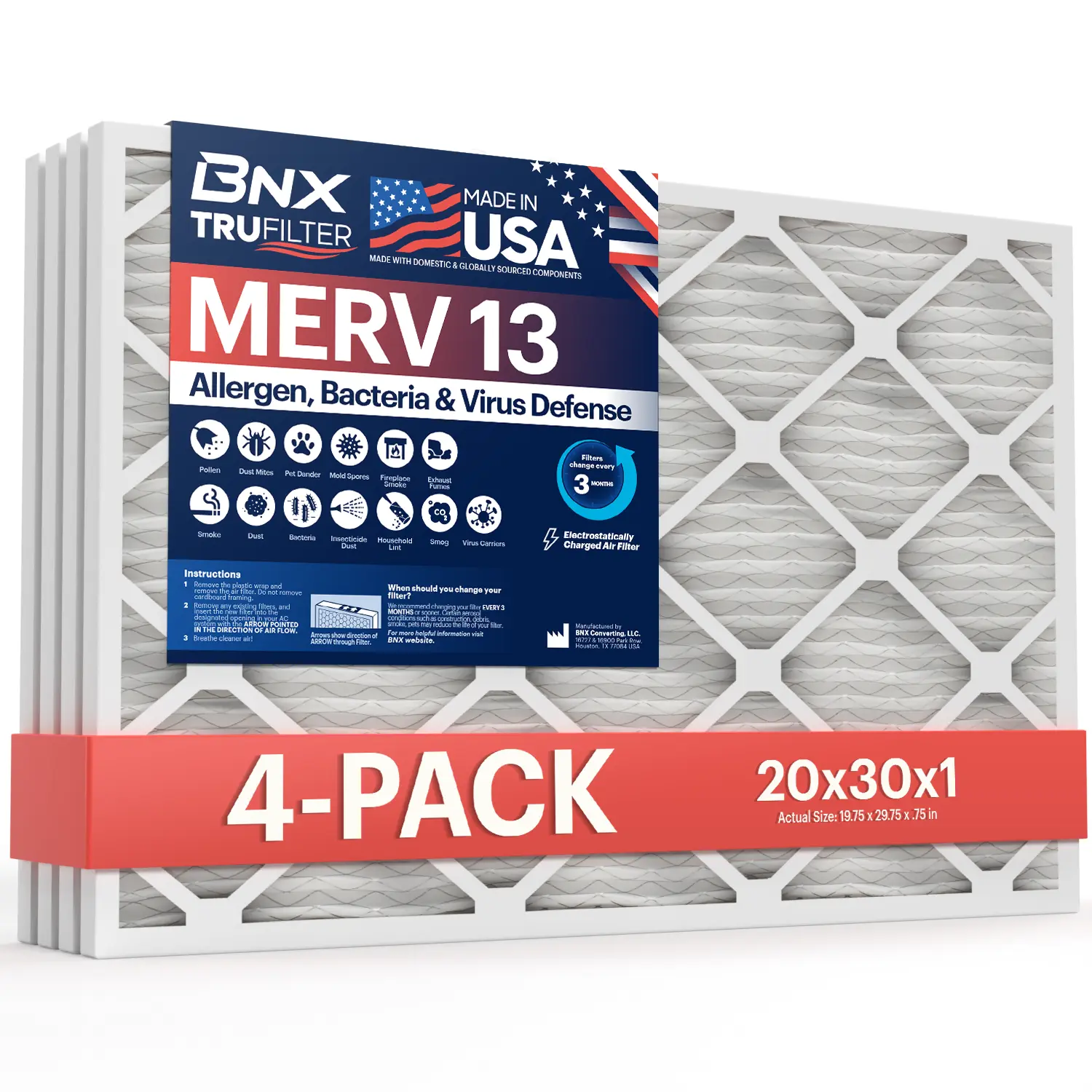 BNX TruFilter 20x30x1 Polypropylene Electrostatic Pleated Air Filter (4-Pack Value) - MERV 13, MPR 1900, FPR 10 - Made in USA, High-Efficiency Filtration, Manufacturer Warranty - HVAC AC Furnace Filter for Allergies, Smoke