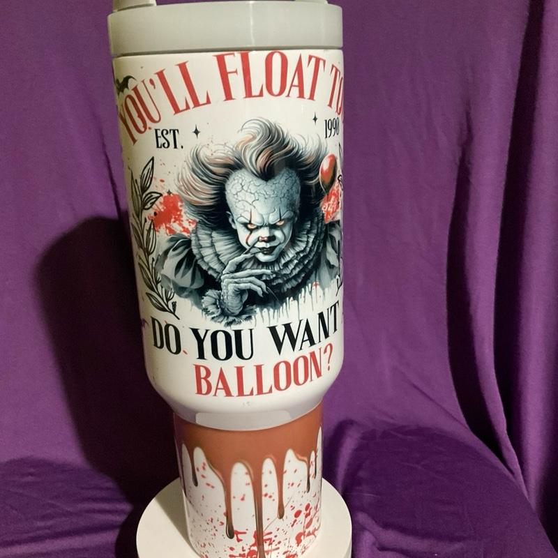 Pennywise 40 Oz Tumbler with Handle - "You'll Float to Do You Want a Balloon?" Design - Bottle, Drinkware Washable Portable Reusable Lid
