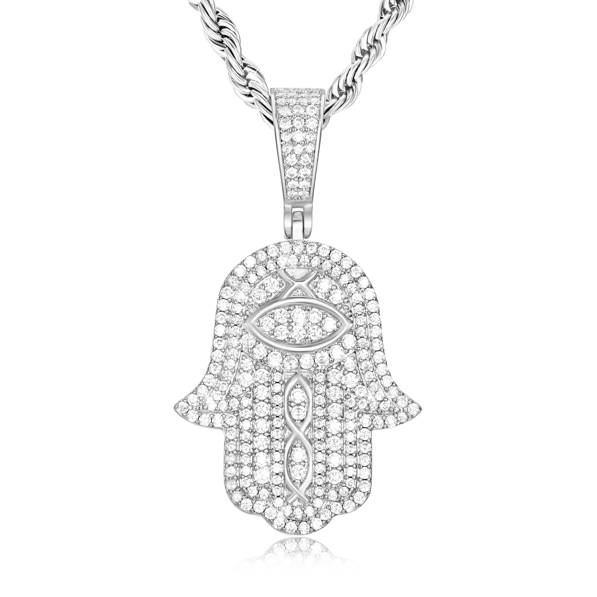 TRIPOD JEWELRY Hamsa Hand of Fatima Necklace, Evil Eye Protection Amulet - 18K Gold Plated Good Luck Pendant for Men, Husband - Iced Out CZ