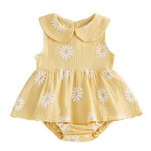 Infant Baby Girl Daisy Print Romper Dress Outfit Muslin Sleeveless Peter Pan Collar  Bodysuit Jumpsuit Summer Clothes