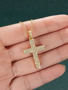 Double row diamond cross necklace, ice cut CZ diamond Christian cross pendant, 14K gold-plated hip-hop men's and women's religious jewelry, baptism confirmation gift