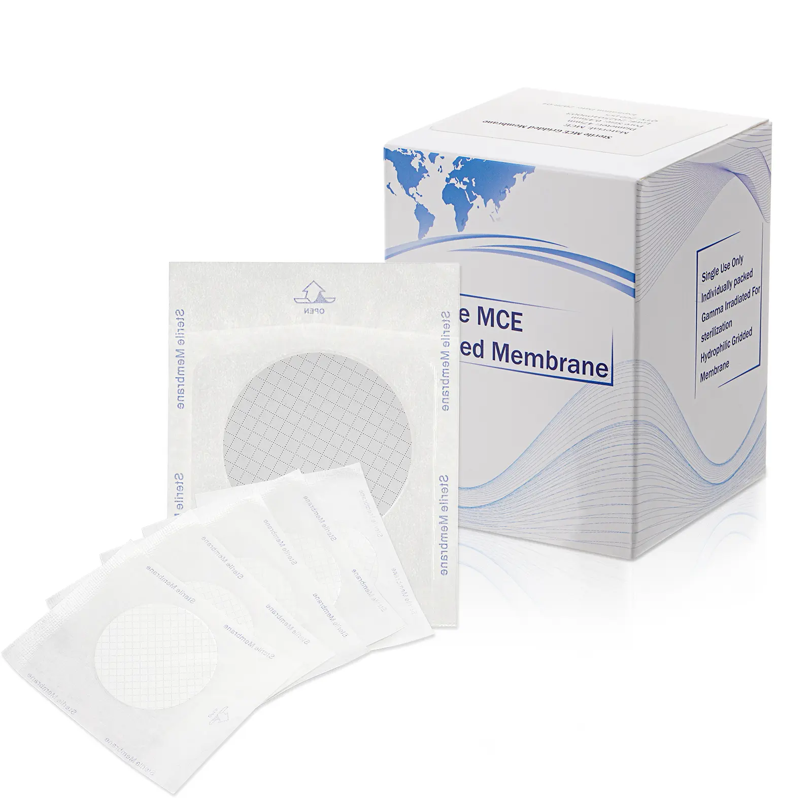 Mixed Cellulose Ester (MCE) Gridded Hydrophilic Membrane Filter - Sterile, 47mm Diameter, 0.45um Pore Size, Individual Packs, Bacterial Growth Inhibitor-Free, 200 Pcs, Ideal for Colony Counting, Eliminates Eye Fatigue