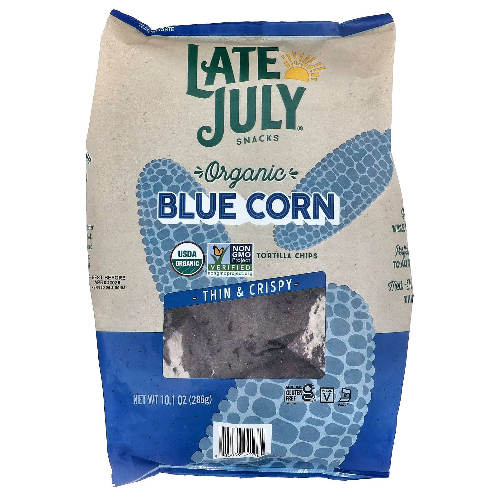 Late July Organic Tortilla Chips, Thin & Crispy, Blue Corn, 10.1 oz (286 g)