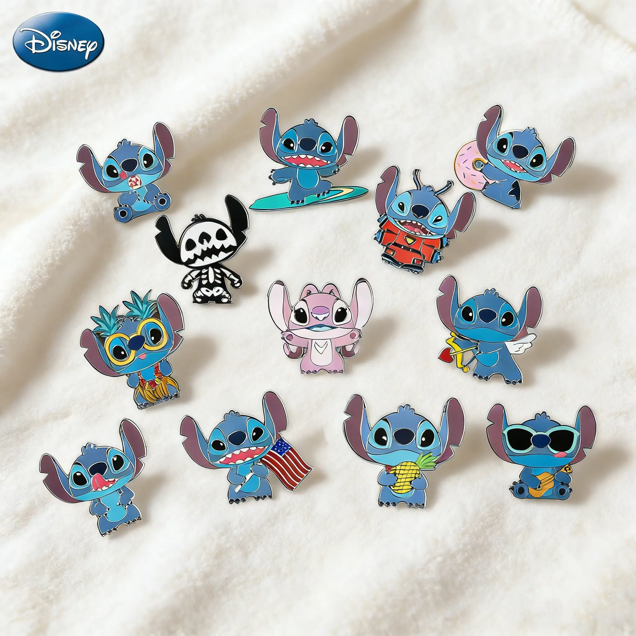 12Pcs Disney Stitch Cartoon Brooch Official Licensed Cute Badge Zinc alloy Daily Decoration Clothing Bags Holiday Birthday Gift Friends Anime Fans