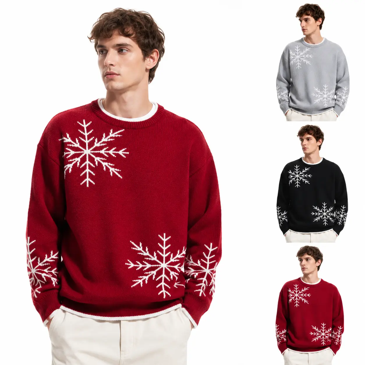 Men's Christmas Jumper - Casual Menswear Top, Festive Snowflake Graphic Knit Pullover, Baggy Oversize Long Sleeve Crew Neck for Holiday Celebrations, Knitwear, Print, Loose, Longsleeves, Round Neck