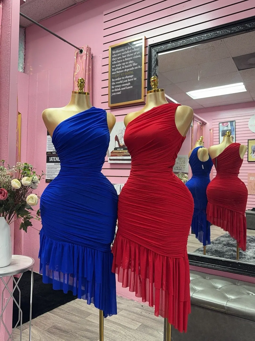 Glam Dress - Red One Shoulder Ruched Asymmetrical Hem 95% Polyester 5% Spandex Fashionable Women's Formal Wear for Special Occasions